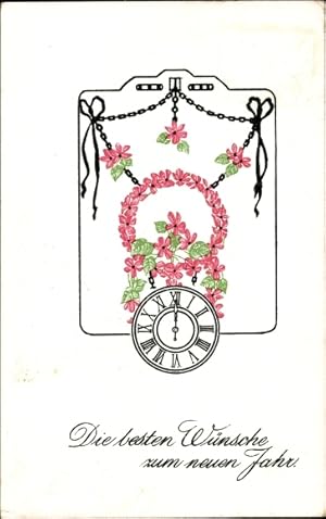 Ansichtskarte / Postkarte Glückwunsch Neujahr, Uhr, Blumen