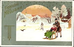 Ansichtskarte / Postkarte Glückwunsch Neujahr, Liebespaar, Eislauf, Schnee