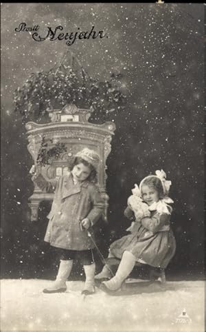 Ansichtskarte / Postkarte Glückwunsch Neujahr, Kinder, Schlitten, Briefkasten