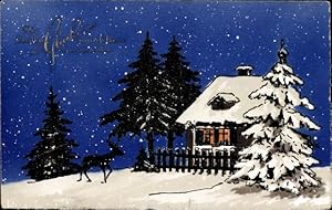 Scherenschnitt Ansichtskarte / Postkarte Glückwunsch Neujahr, Reh, Haus, Tannenbäume, Schnee