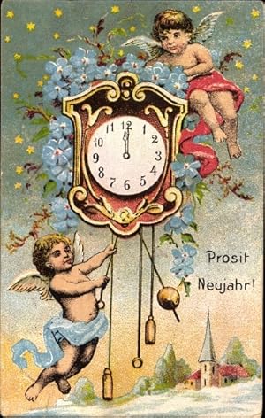 Ansichtskarte / Postkarte Glückwunsch Neujahr, Engel, Uhr, Vergissmeinnicht