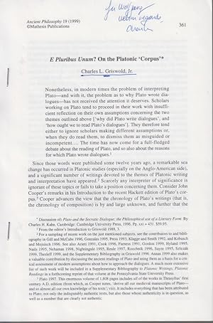 Bild des Verkufers fr E Pluribus Unum? On the Platonic 'Corpus'. [From: Ancient Philosophy, vol. 19, iss. 2, Fall 1999]. zum Verkauf von Fundus-Online GbR Borkert Schwarz Zerfa