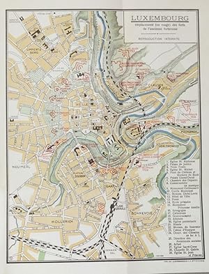 Bild des Verkufers fr Luxembourg emplacement (en rouge) des forts de l ancienne forteresse. Stadtplan von Luxemburg mit kleiner Legende unten rechts. zum Verkauf von Antiquariat Martin Barbian & Grund GbR