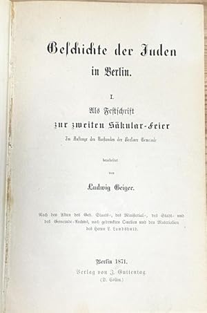 Bild des Verkufers fr Geschichte der Juden in Berlin (History of the Jews in Berlin). 2 Bnde in 1. zum Verkauf von Treptower Buecherkabinett Inh. Schultz Volha