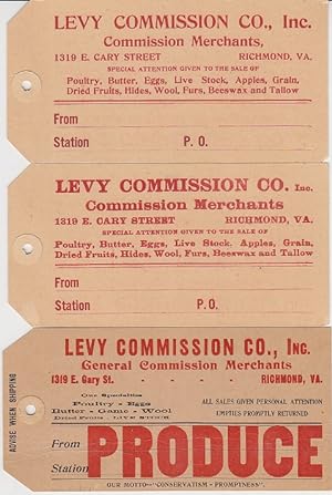 Tags and Envelopes from Levy Commission Co., Inc. in Rchmond, Virginia, General Commission Mercha...