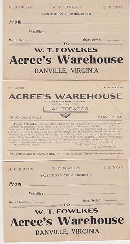 3 Large Tags for W. T. Fowlkes Acree's Warehouse in Danville, VA, for the Sale of Leaf Tobacco - ...