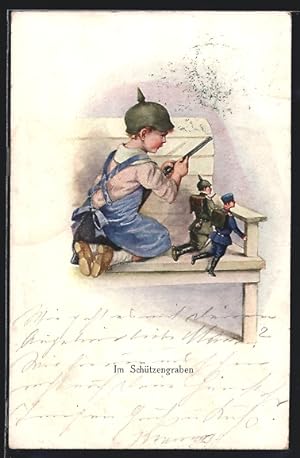 Seller image for Ansichtskarte Kinder Kriegspropaganda, Junge spielt Krieg im Schtzengraben for sale by Bartko-Reher