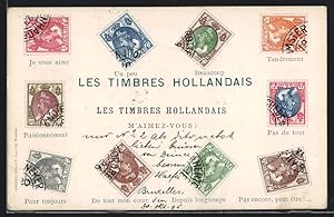 Ansichtskarte Les Timbres Hollandais, Je vous aime, Un peu, Beaucoup, Tendrement, Briefmarkensprache