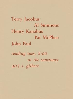 Seller image for Terry Jacobus . reading Tues. 8:00 at the Sanctuary for sale by Rulon-Miller Books (ABAA / ILAB)