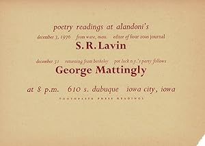 Imagen del vendedor de Poetry readings at Alandoni's December 3, 1976 from Ware, Mass., editor of Four Zoas Journal S. R. Lavin . December 31 returning from Berkeley . George Mattingly a la venta por Rulon-Miller Books (ABAA / ILAB)