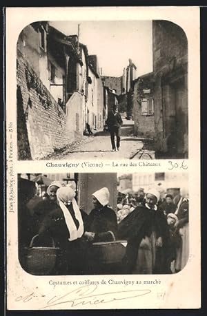 Carte postale Chauvigny, la rue des Chateaux, Costumes et coiffures au marché