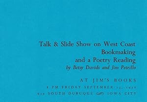 Talk & slide show on west coast bookmaking and a poetry reading . at Jim's Books, 8 p.m. Friday S...
