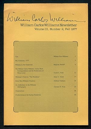 Bild des Verkufers fr William Carlos Williams Newsletter - Vol. III, No. 2, Fall 1977 zum Verkauf von Between the Covers-Rare Books, Inc. ABAA