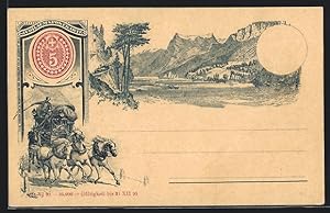 Lithographie Schweiz, Postkutsche, Idyllische Berglandschaft