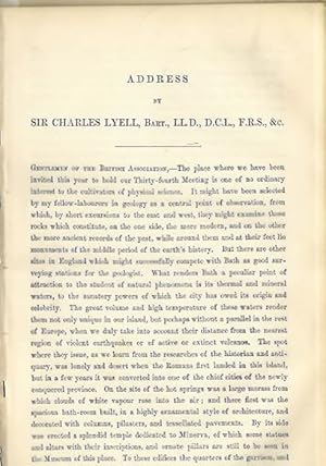 Bild des Verkufers fr Address of the President, Sir Charles Lyell. Report of the Thirty-fourth meeting of the British Association for the Advancement of Science; held at Bath in September 1864 zum Verkauf von PEMBERLEY NATURAL HISTORY BOOKS BA, ABA