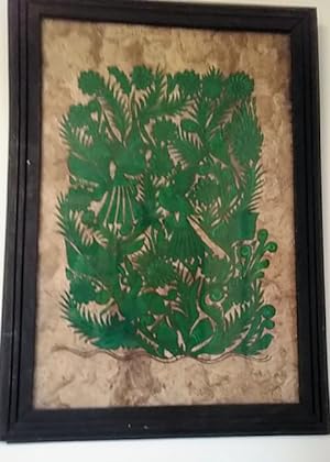 Amate bark painting-Mexican Desert blooms +bird, custom-framed