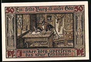Bild des Verkufers fr Notgeld Eisenach 1921, 50 Pfennig, Junger Jrg bersetzt neues Testament, Wappen mit Kreuzritter zum Verkauf von Bartko-Reher