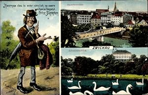 Ansichtskarte / Postkarte Zwickau in Sachsen, Paradiesbrücke, Schwanenschloss, Fritze Bliemchen