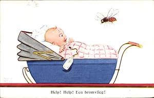 Künstler Ansichtskarte / Postkarte Wills, John, Baby im Kinderwagen erschrickt vor Biene