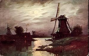Mondschein Künstler Ansichtskarte / Postkarte Windmühlen am Fluss, Bewölkter Himmel