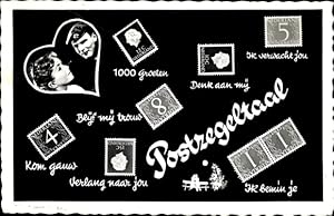Ansichtskarte / Postkarte Briefmarkensprache, Liebespaar, Frau, Soldat