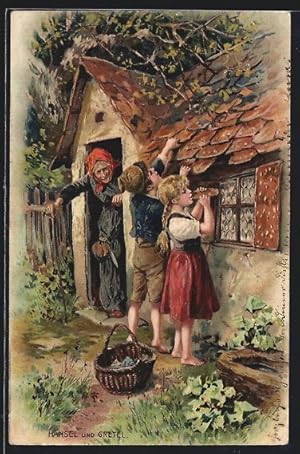 Ansichtskarte Hänsel und Gretel am Pfefferkuchenhaus