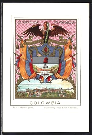 Lithography Kolumbien, Länderwappen La Republica de Colombia, Adler und Flaggen, Segelschiffe