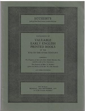 Immagine del venditore per Catalogue of VALUABLE ENGLISH PRINTED BOOKS of the Xvth to the XVII CENTURY . Including Aelianus, a Registre of Hystories, 1576, and the Tacticks, 1619; Beaumont and Fletcher, Comedies and Tragedies, 1647; . Day of Sale: Monday, 24th September, 197 venduto da Literary Cat Books