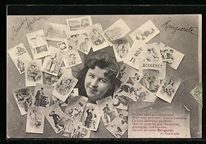 Ansichtskarte Gesicht einer jungen Dame von Ansichtskarten umgeben, Ansichtskartengeschichte