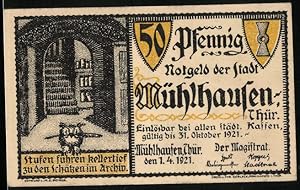 Image du vendeur pour Notgeld Mhlhausen / Thr. 1921, 50 Pfennig, Eule im Archiv, Karl V. schenkt Mhlhausen die Reichsfreiheit wieder, 1548 mis en vente par Bartko-Reher