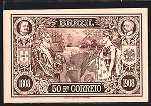 Postcard Brazil, 50 Rs. Correio, Portraits von König und Präsident, Ritter vor Schiffen, Wappen