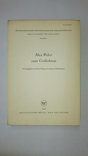 Seller image for MAX WEBER ZUM GEDCHTNIS. Materialien u. Dokumente zur Bewertung von Werk u. Persnlichkeit for sale by Butterfly Books GmbH & Co. KG