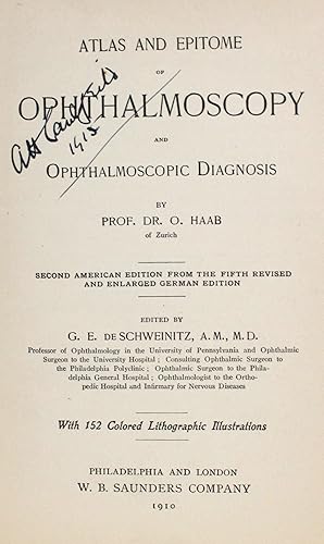 Immagine del venditore per Atlas and Epitome of Ophthalmoscopy and Opthalamoscopic Diagnosis venduto da Minotavros Books,    ABAC    ILAB