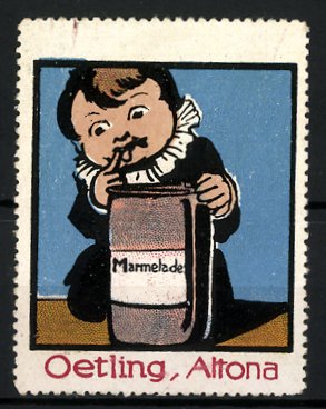 Immagine del venditore per Reklamemarke Marmelade der Firma Oetling, Altona, Kind nascht aus einem Marmeladenglas venduto da Bartko-Reher