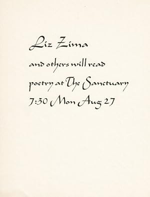 Liz Zima and others will read poetry at The Sanctuary 7:30 Mon Aug 27