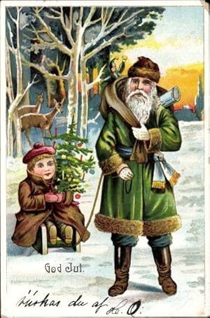 Ansichtskarte / Postkarte Frohe Weihnachten, Weihnachtsmann, Schlitten, Kind, Rehe, God Jul