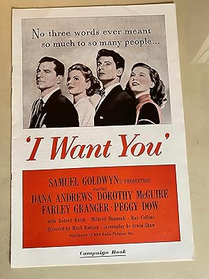 Imagen del vendedor de I Want You Pressbook 1951 Dana Andrews, Dorothy McGuire, Farley Granger a la venta por AcornBooksNH