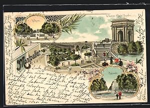 Lithographie Montpellier, Le Peyrou, Le Chateau d`Eau et l`Aqueduc