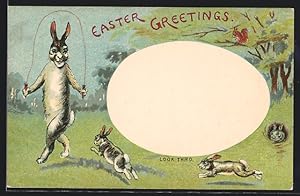 Ansichtskarte Osterhase mit Sprungseil und Osterei, Halt gegen das Licht: Lämmer und Osterhase im Ei