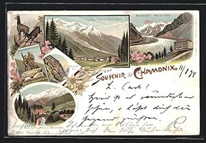 Lithographie Chamonix, Chamonix et Mont Blanc, Montanvert Mer de Glace, Pont Sainte-Marie