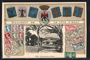 Passepartout-Carte postale Nice, Les nouveau jardins, Briefmarken et armoiries