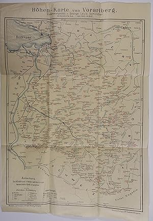 Bild des Verkufers fr Hhen-Karte von Vorarlberg. Zusammengestellt v. Georg Louis Schindler. Original - Ausgabe. Revidirt u. verbessert v. Carl Blodig. Farblithogr. Karte. Bregenz, J. N. Teutsch (um 1890), 41 x 28,5 cm (Blattgr.), mehrf. gefalt., verso mit gedr. Titelschild. zum Verkauf von Antiquariat Johannes Mller