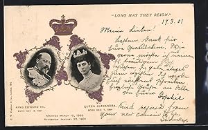 Postcard King Edward VII., Born 1841, Queen Alexandra, Born 1844, Married 1863