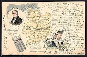 Künstler-Carte postale Rennes, Ille et Vilaine, Chataubriand, Dugay-Trouin, carte géographique av...