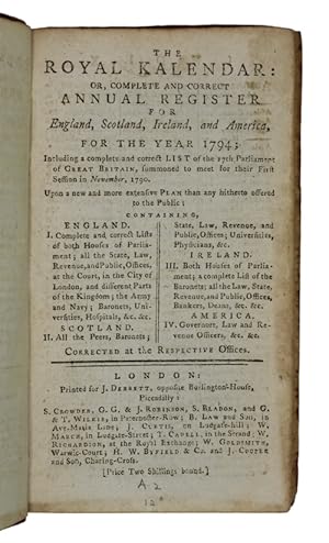 Imagen del vendedor de The Royal Kalendar; or Complete and Correct Annual Register for England, Scotland, Ireland, and America, for the Year 1794 a la venta por Antiquates Ltd - ABA, ILAB