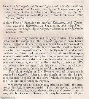 Seller image for Thomas Rymer on Tragedy ; Seventeenth century Shakespearean criticism. An unattributed review for the Retrospective Review, 1820. for sale by Cosmo Books