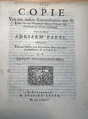 VOC Pamphlet 1684 | Copie van een nadere Remonstrantie aen de edele groot mogende heeren staten v...