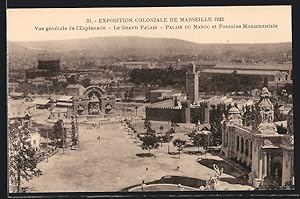 Ansichtskarte Marseille, Exposition coloniale 1922, Vue gènèrale de l` Esplanada, le Grand Palais...