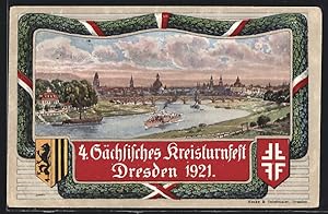 Ansichtskarte Dresden, 4. Sächisches Kreisturnfest 1921, Ortsansicht, Dampferpartie, Wappen