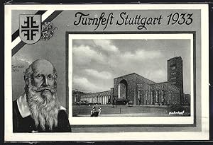 Ansichtskarte Stuttgart, Turnfest 1933, Turnvater Jahn und Bahnhof